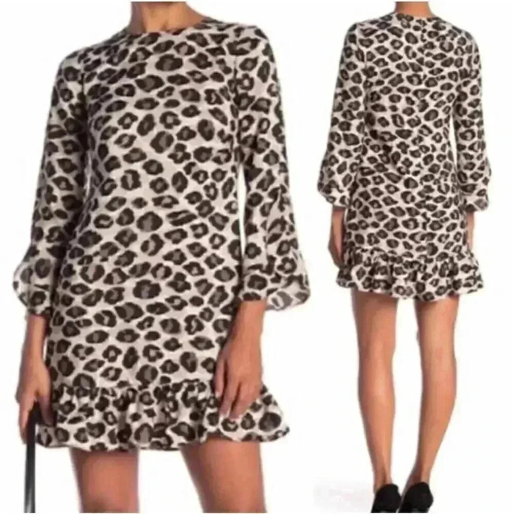 ELIZA J Leopard Print Drop Waist Ruffle Shift Dress - size 8